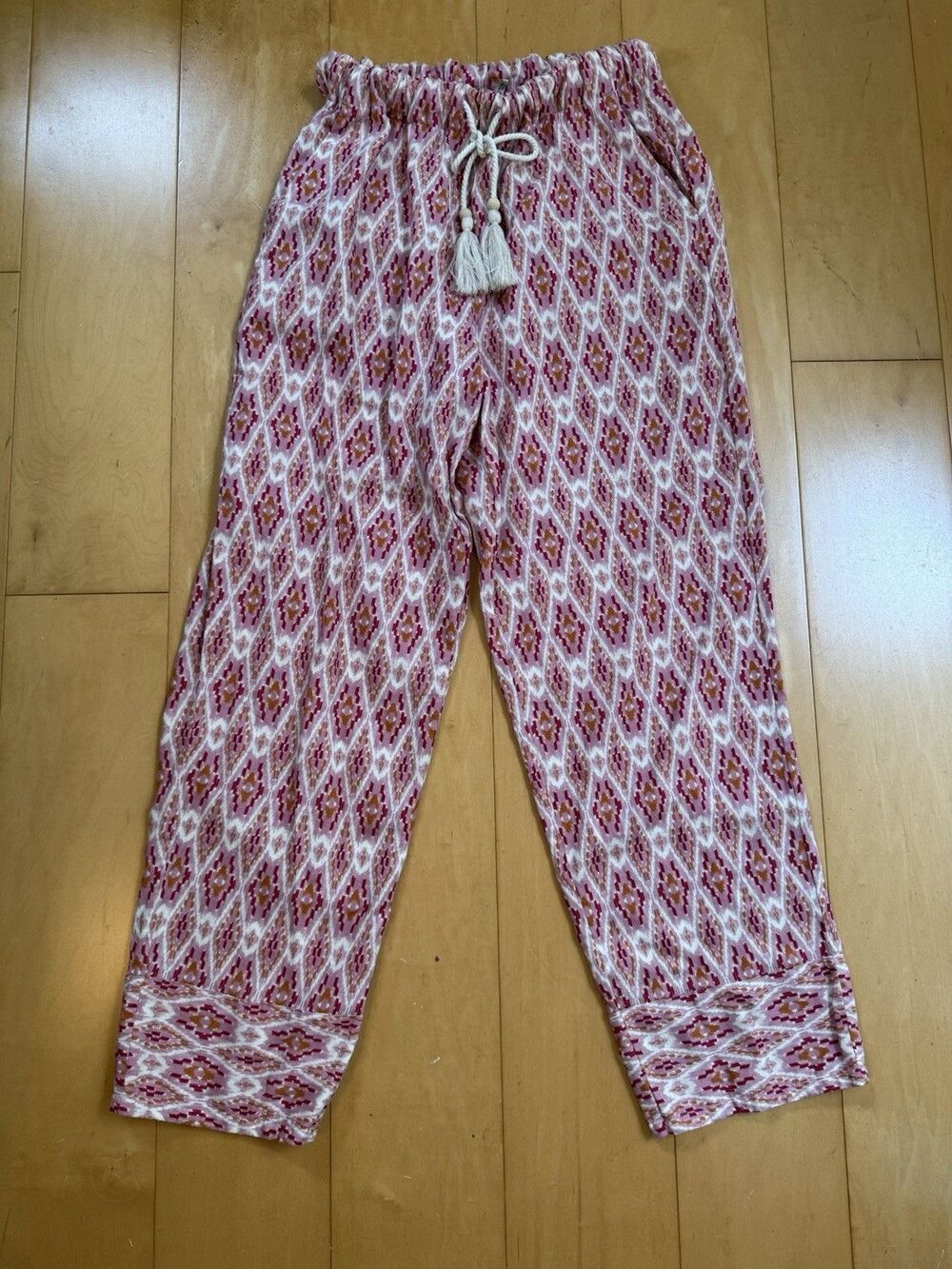 FAHERTY Pacific Beach Linen Blend Pants Clara Ikat Pink White Orange Size XXS